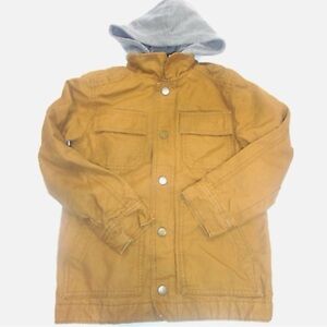 EUC Boys Hooded Jacket Coat Brown Gray Old Navy 10-12 Pockets Barn Chore